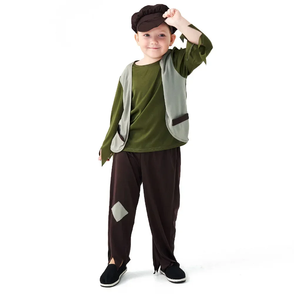 Kinderkrant Postbode Bedelaar Arme Man Kostuum Cosplay Jongen Top Broek Hoed Pak Stage Performance Halloween Party Kostuum