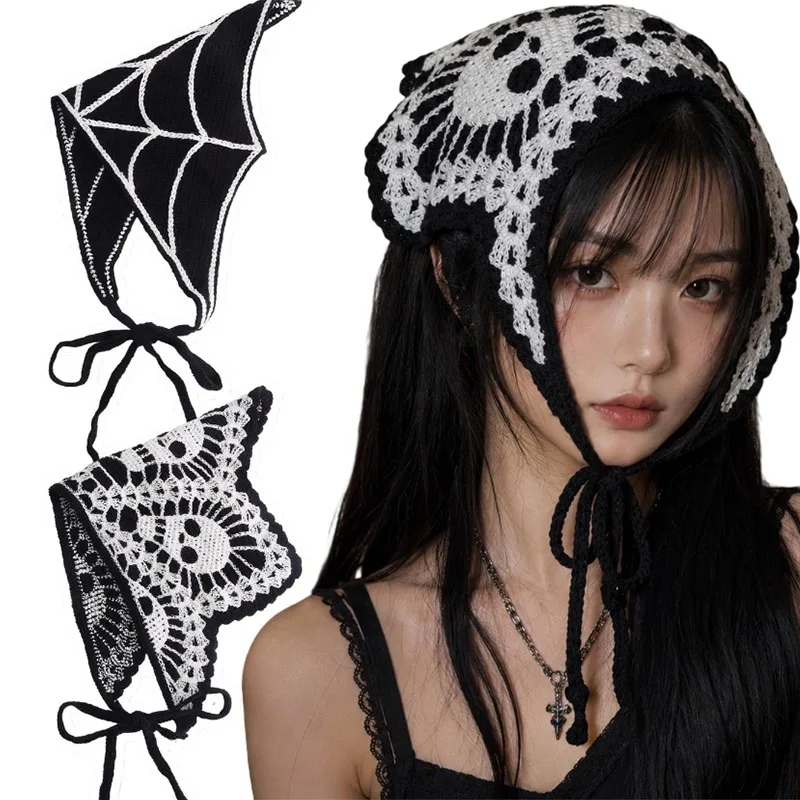 Crochet Halloween Headband Gothic Skull Spider Web Bat Pattern Knitted Triangle Hair Scarf with Back Tie for Adjustable Headwear