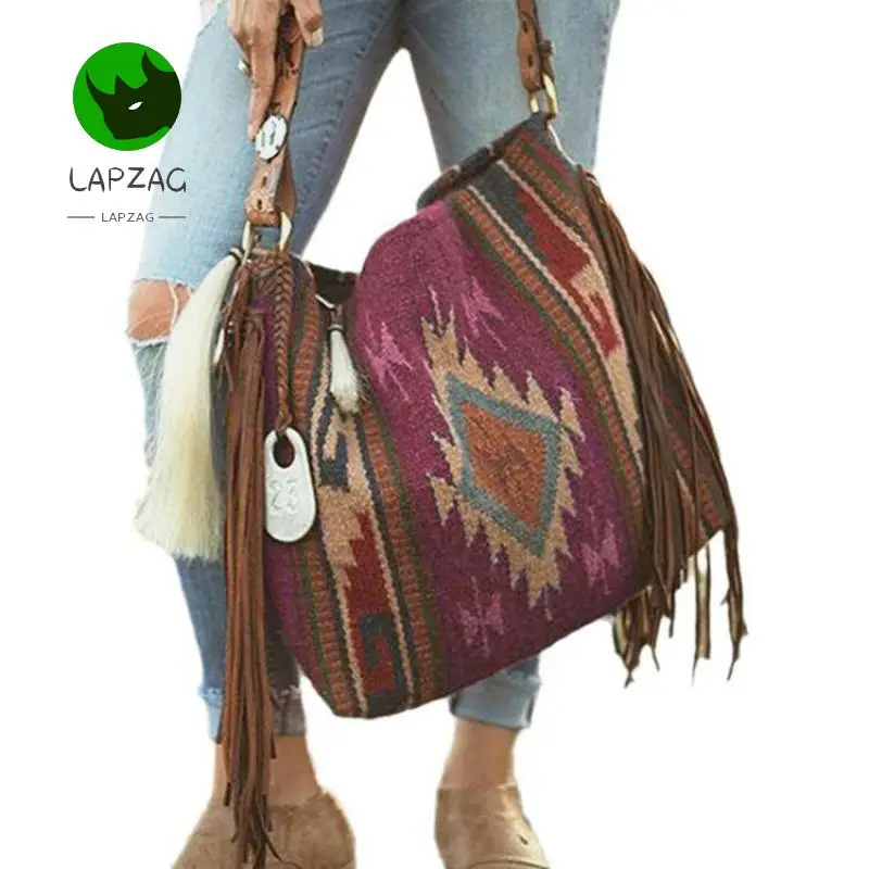 Lapzag-Sac à main en coton et lin pour femmes, style bohème, fait à la main, avec pompon, initié, National multicolore, 600