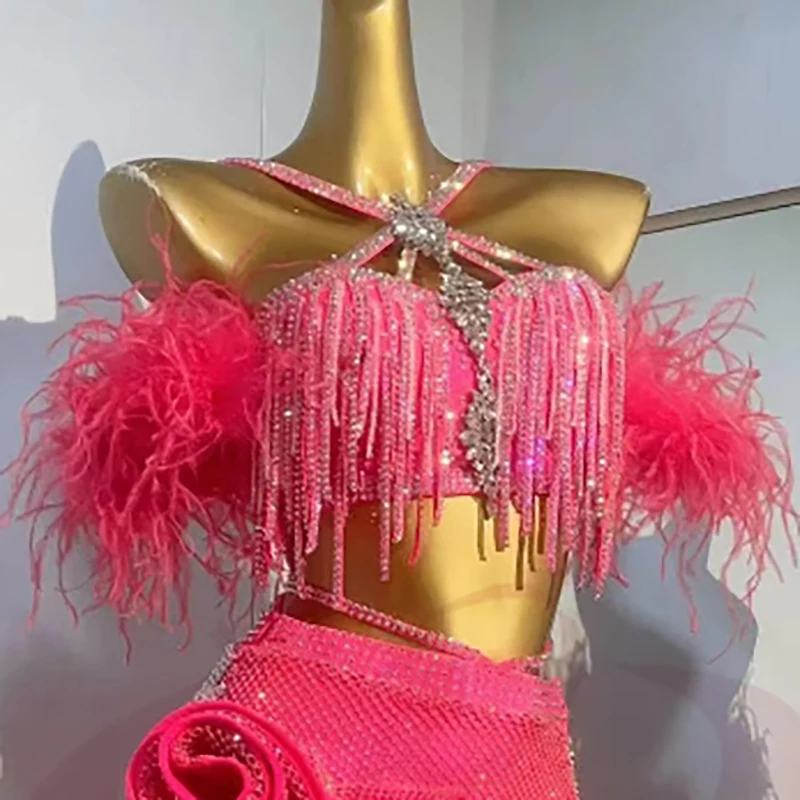 Latin Dance Women's High-end Customized Diamond Steamed Rolls Skirt Cha Cha Samba Performance Rhinestone Dress