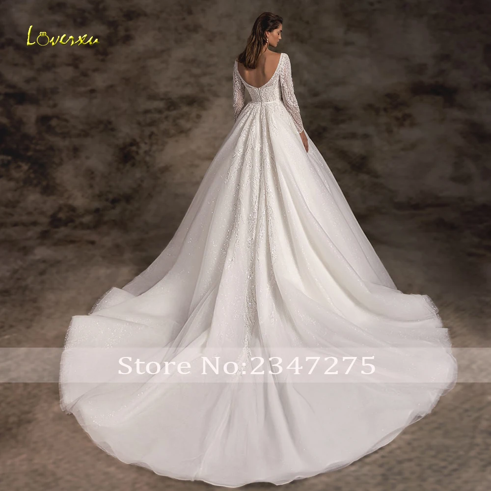 Loverxu A-Line Luxury Wedding Dresses Scalloped Long Sleeve Vestido De Novia Lace Beaded Shiny Mondern Custom Made Bridal Gown