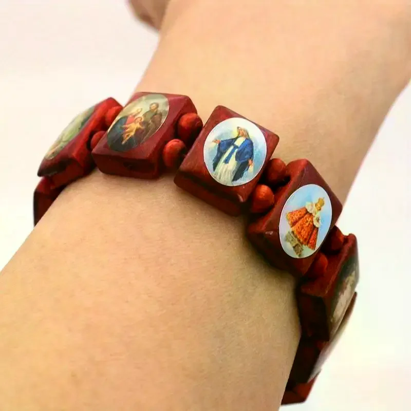 Rosary Bracelet - Elegant Religious Icon Stickers, Drip Oil Finish, Spiritual Beaded Prayer Jewelry For Devotional Wear Wooden