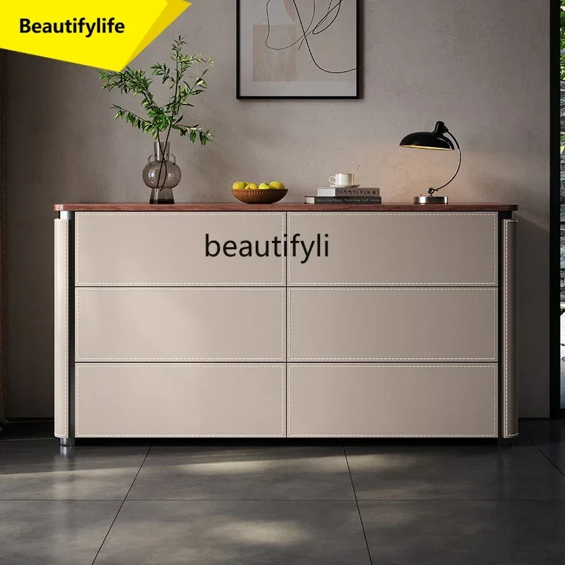 Q181  Retro style bedroom TV cabinet storage high-grade six-bucket cabinet saddle leather dining side cabinet