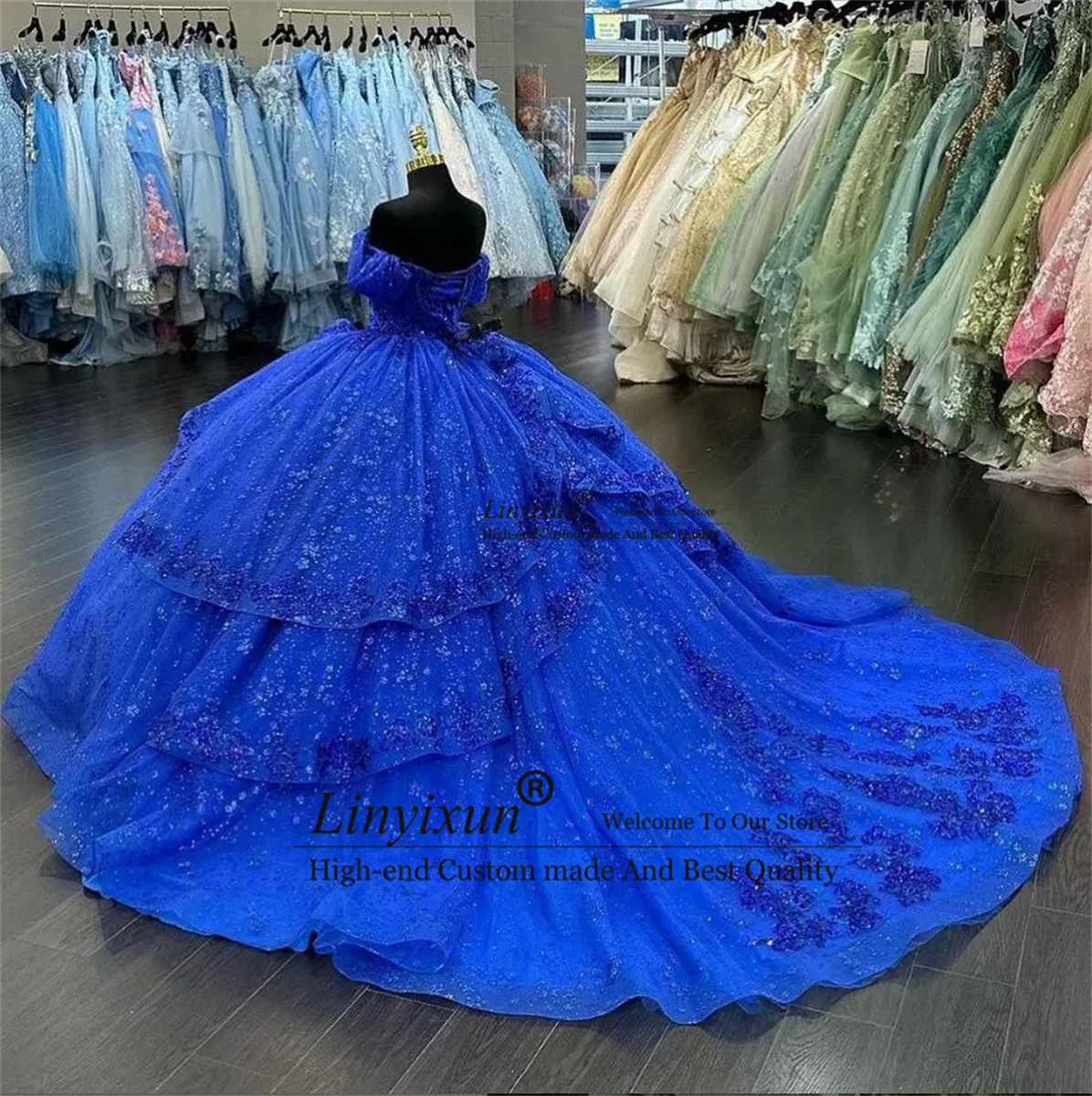 Prinses Koningsblauwe Baljurk Quinceanera Jurken 2024 Off Shoulder Kralen Appliqués Kristallen Sweet 16 Prom Party Jurk Veterschoenen