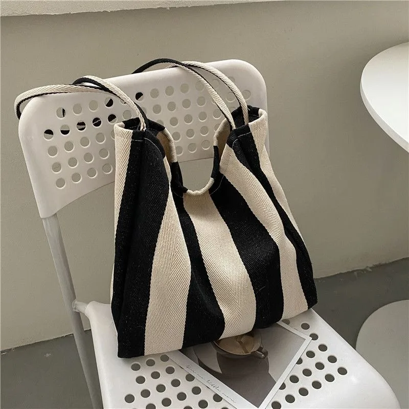 Shoulder Bags for Women Fashion Canvas Bag Striped Shopping Large Capacity Handbags Vintage Elegant Underarm All-match Mujer