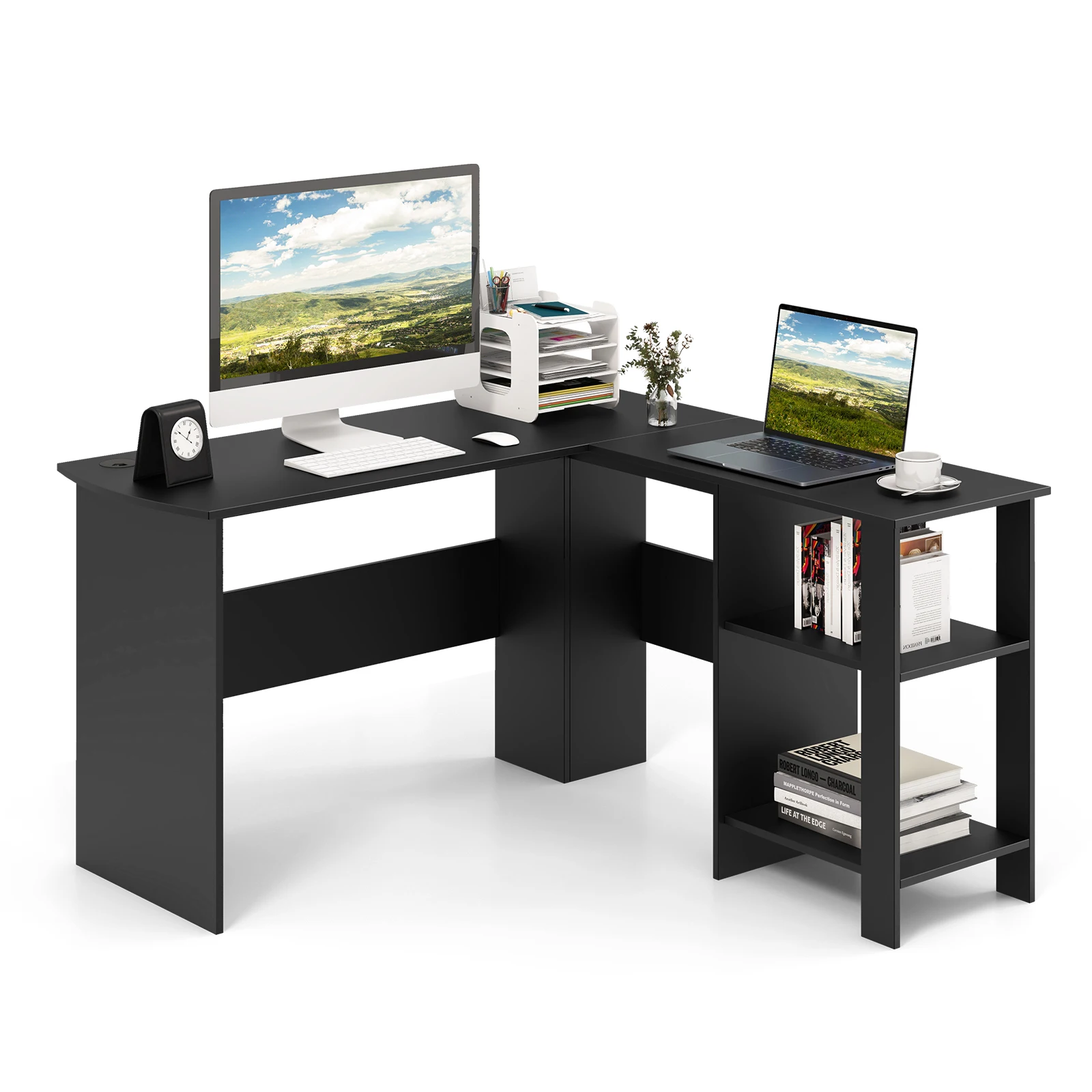 Desk L-shape, corner desk with 2 cable holes & storage compartments, corner table, computer table, office table for home or