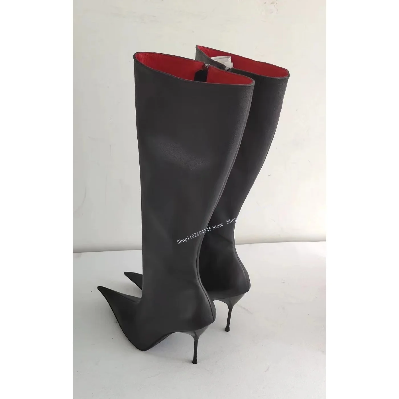 Black Real Leather Knee High Zipper Boots Pointed Toe Thin High Heel Cool Fashion Sexy Winter 2024 Woman Shoes Zapatillas Mujer