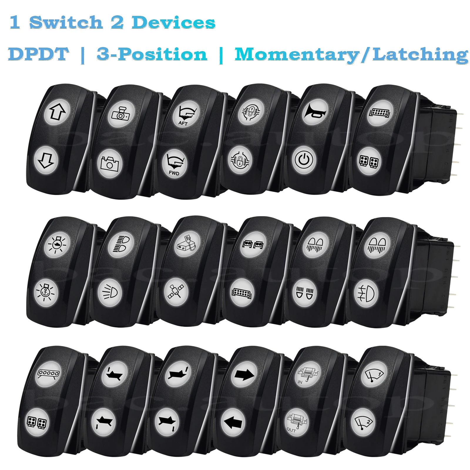 10 Pin White LED Rocker Switch DPDT 3 Position On-Off-On 12V/24V Dual Control for Waterproof Winch Wiper Trim Tabs Universal