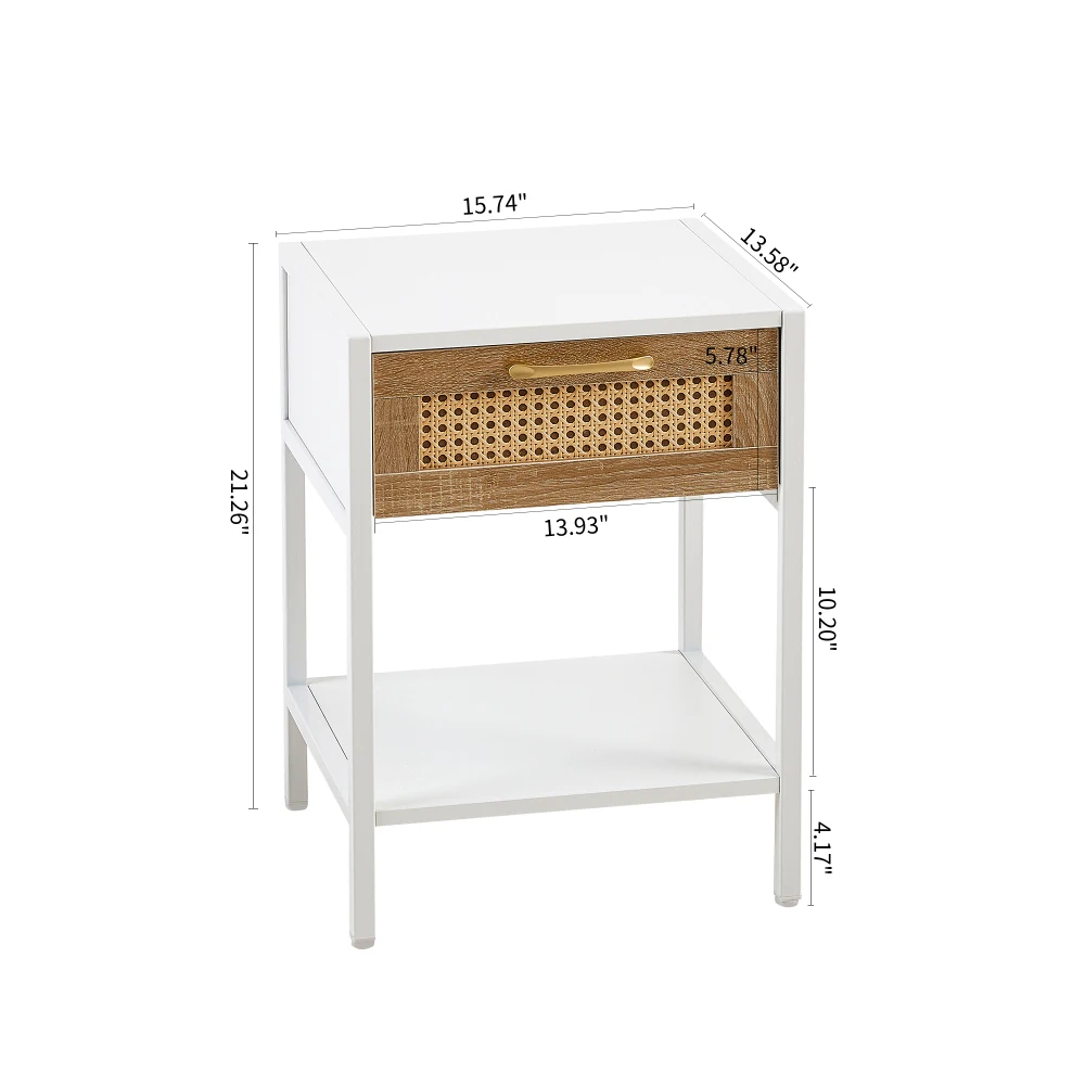15.74" Rattan End Table with  Drawer, Modern Nightstand, Metal Legs,side Table for Living Room, Bedroom,white(1 Pc)