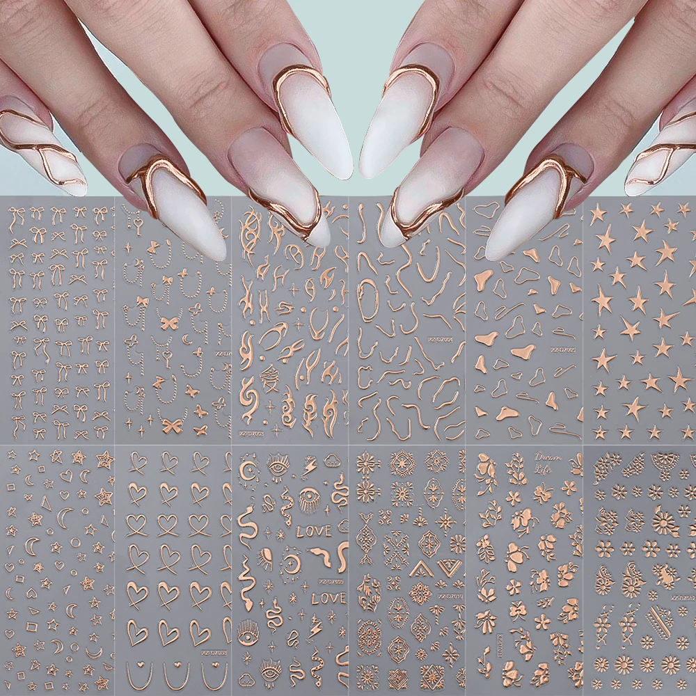 12 Uds. De pegatinas para uñas de oro rosa, estrella, corazón, flor, llama bronceadora 3D, línea de serpiente, calcomanías francesas para decoración de uñas, decoración deslizante para manicura Bohemia
