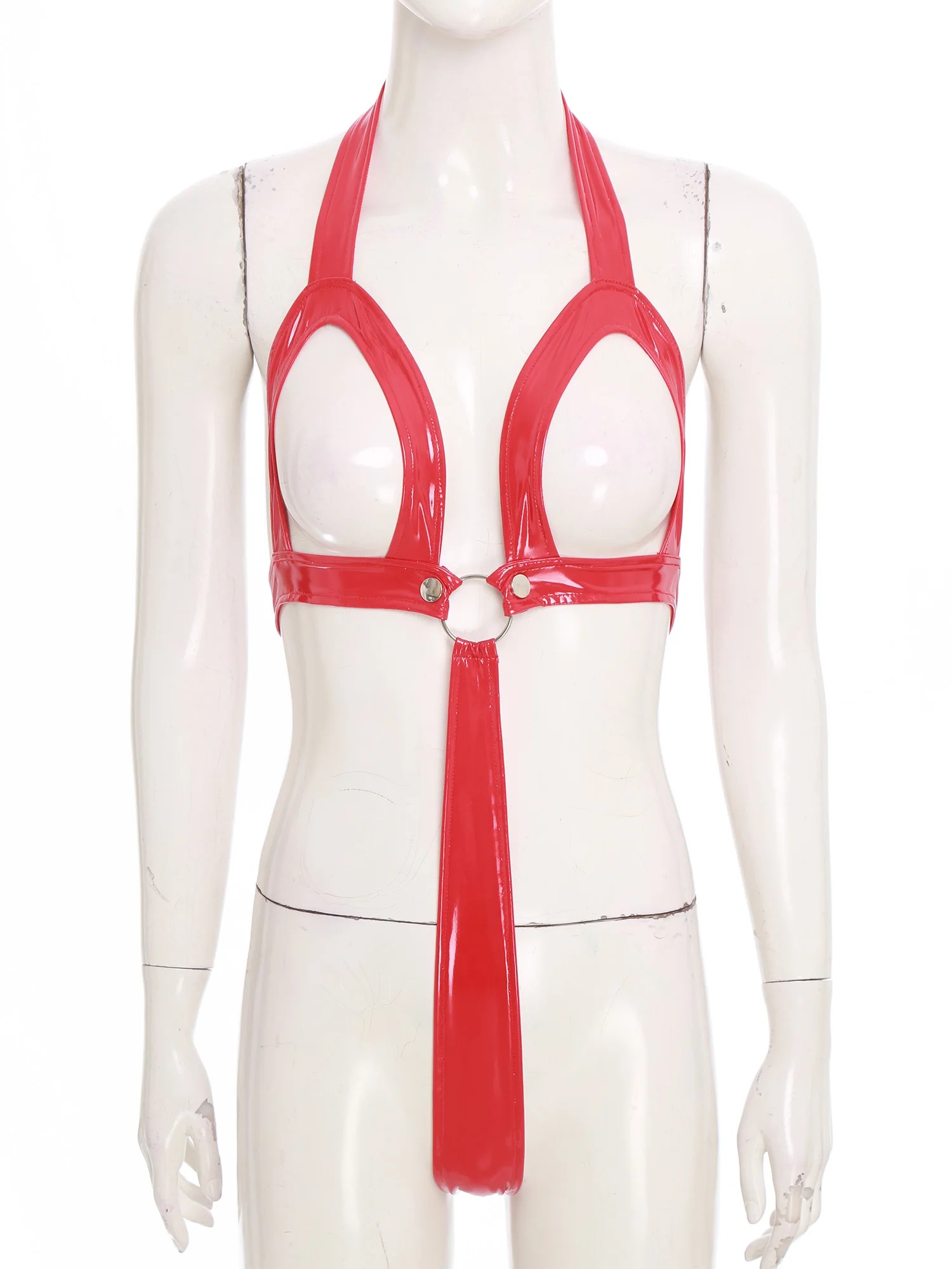 

Women Sexy Open Cup Crotchless Bodysuit Wet Look Patent Leather Cutout Bodycon T-back Micro Sling Lingerie Clubwear Raves Party