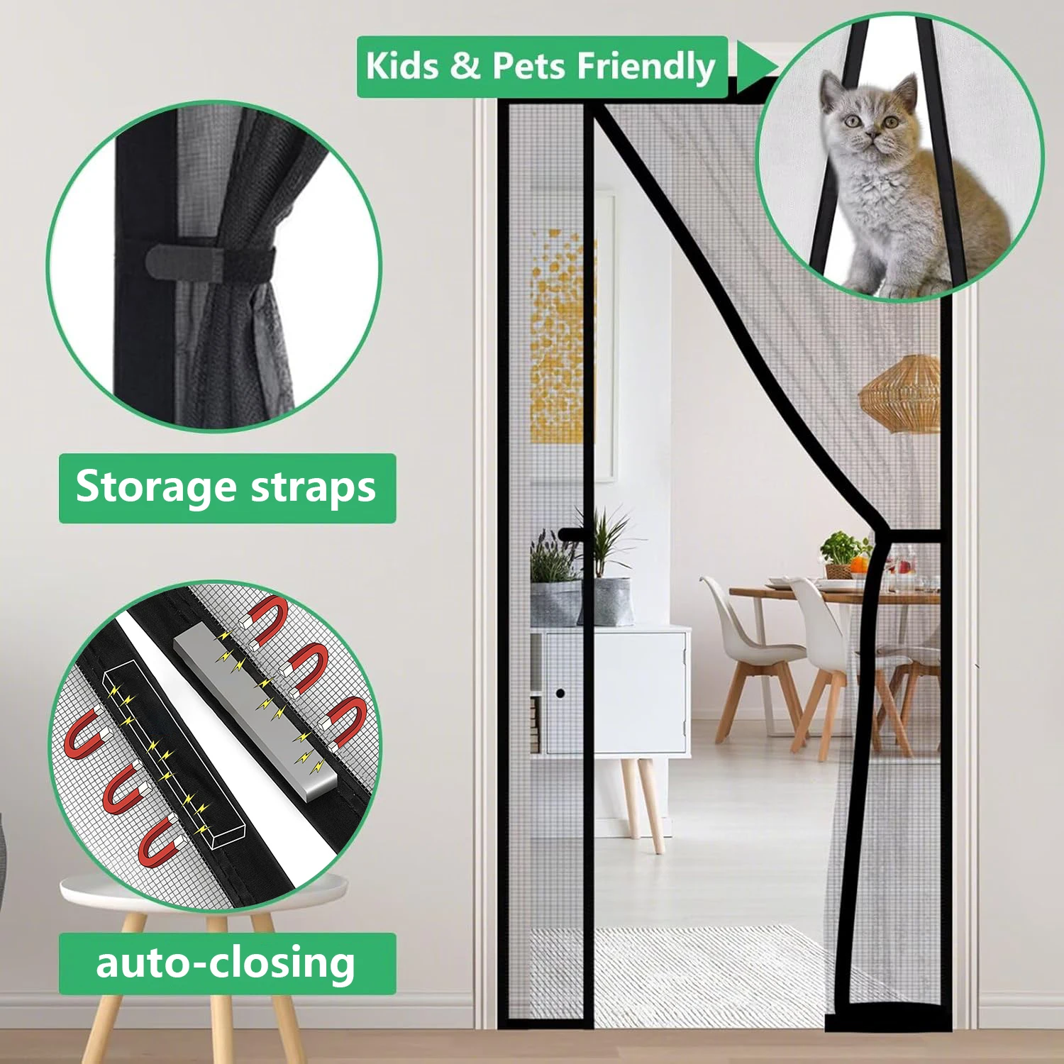 Magnetic Screen Door, Hands-Free Mesh Curtain, Heavy-Duty Mosquito Net, Child and Pet Friendly, No Drilling Required, Auto-Close