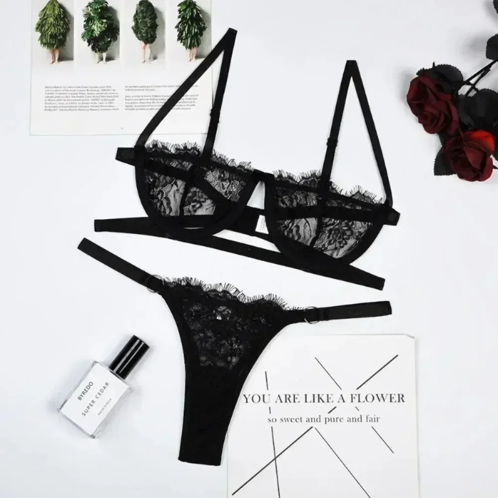 Lingerie sexy mulher renda transparente roupa interior fada bordado breve conjuntos delicado sutiã kit push up breves conjuntos sutiãs eróticos finos