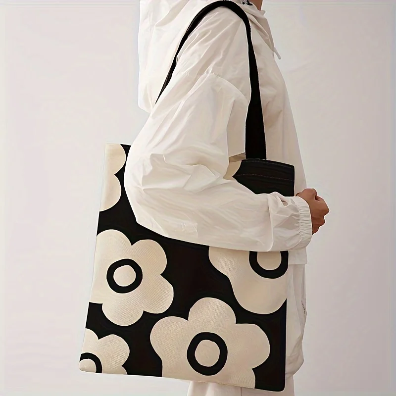 Large Flower Pattern Printed Handbag Casual Travel Beach Bag Large Capacity Reusable Shopping Bag Women's Casual Shoulder Bag
