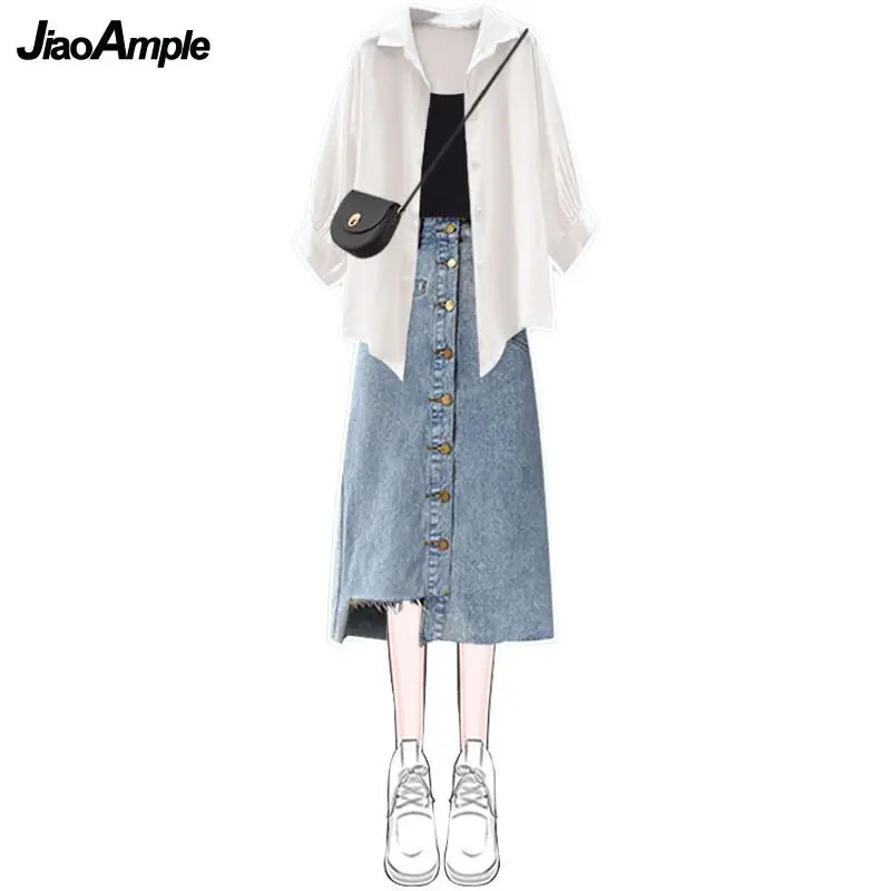 Women Summer New Fashion Chiffon White Sunscreen Shirt+Strap+Denim Midi Skirt Three Piece Suit Korean Vintage Dress Matching Set