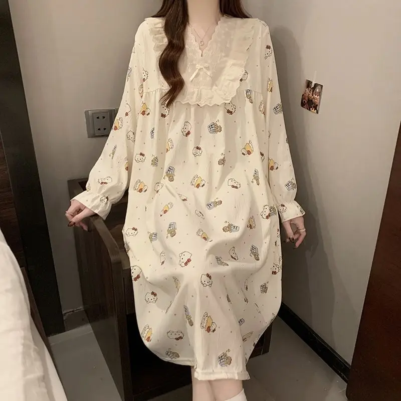 

Sanrio Горячая ночная юбка Hello Kitty Ночная юбка с длинными рукавами в полоску Пижама женская осенняя свободная стильная домашняя одежда Ночная юбка