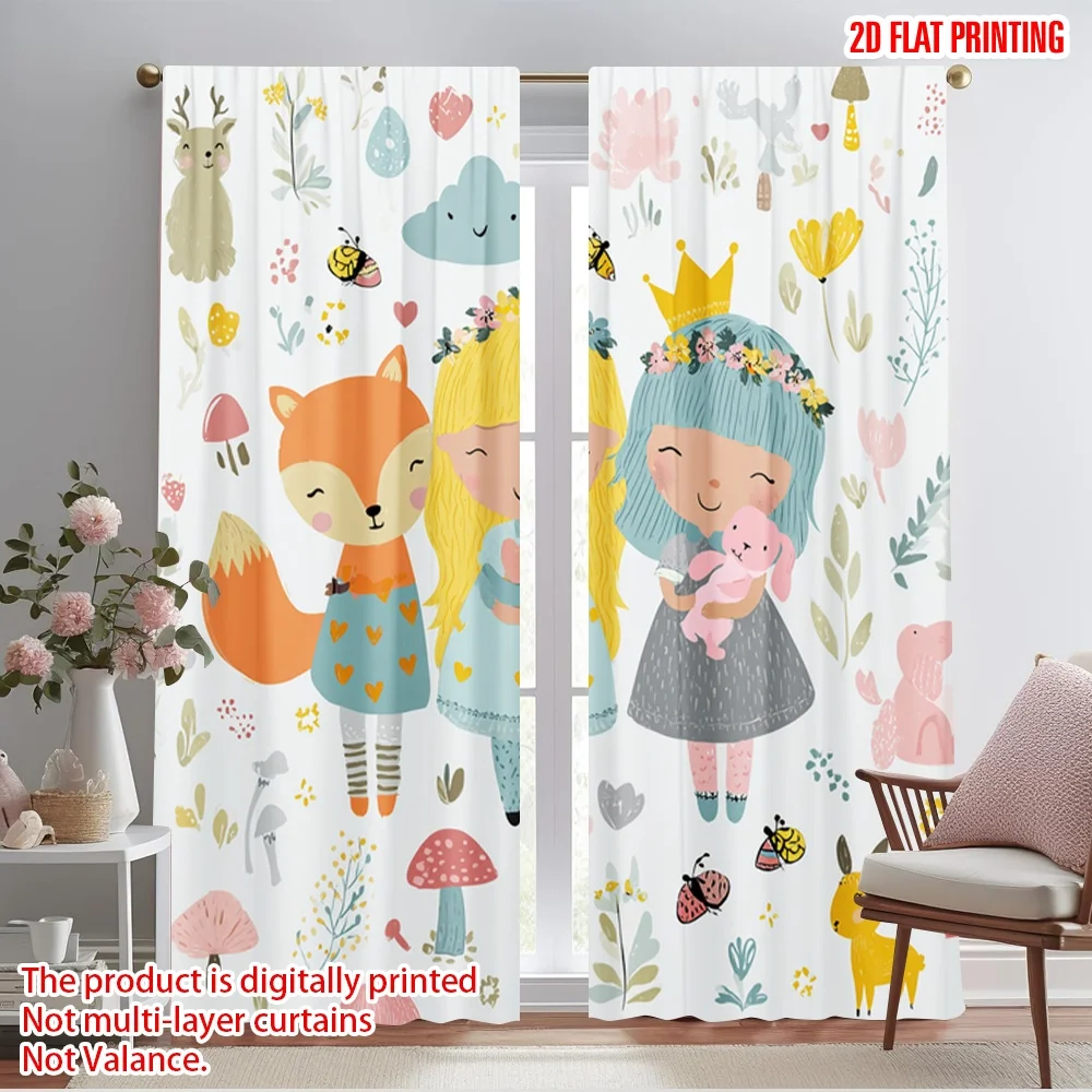 

2pcs 2D flat printing Window Curtains Fairy Woodland Animals Cute seamless 100% Polyester Fabric Without Electricity All Season