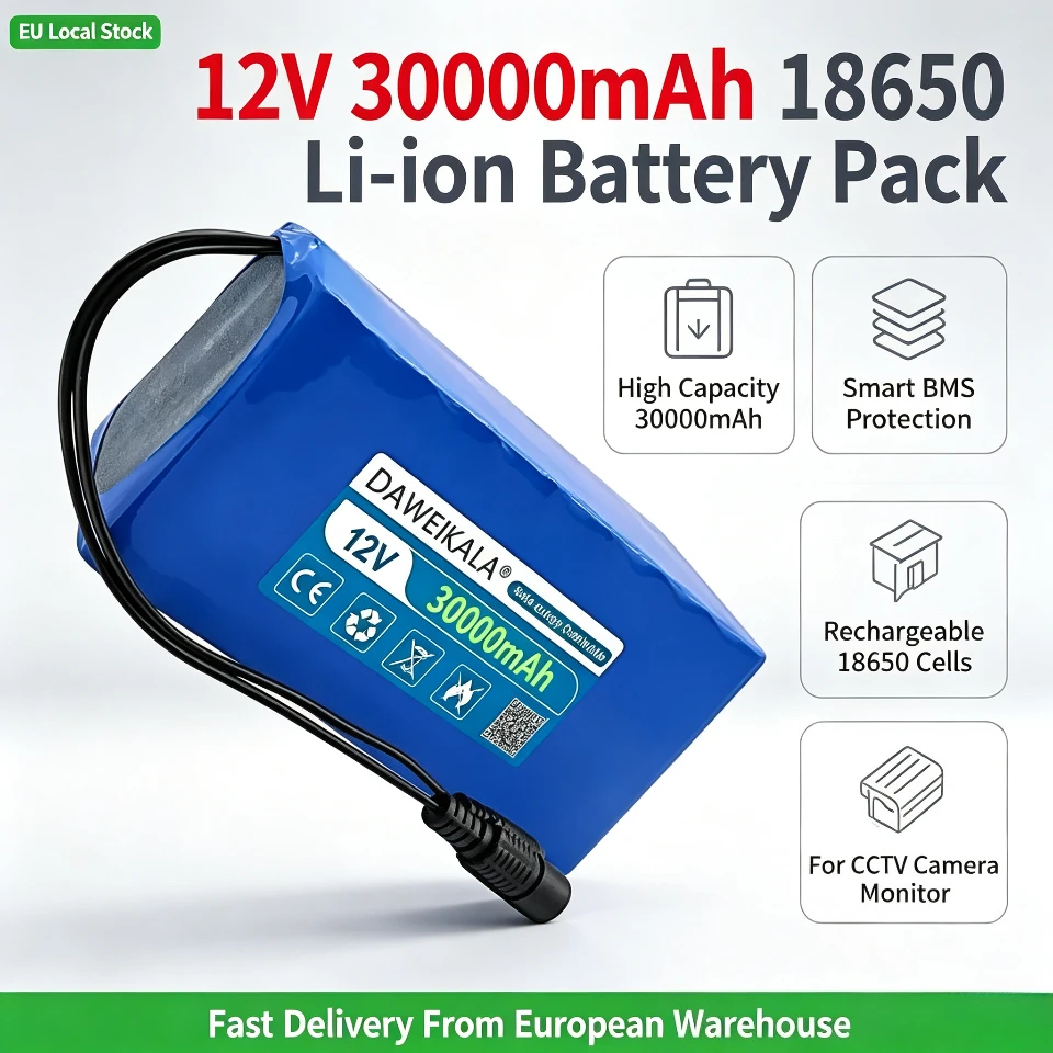 12V 30000mAh 3S10P 18650 Wiederaufladbarer Li-Ionen-Akku + Ladegerät mit BMS für CCTV-Kamera-Monitor