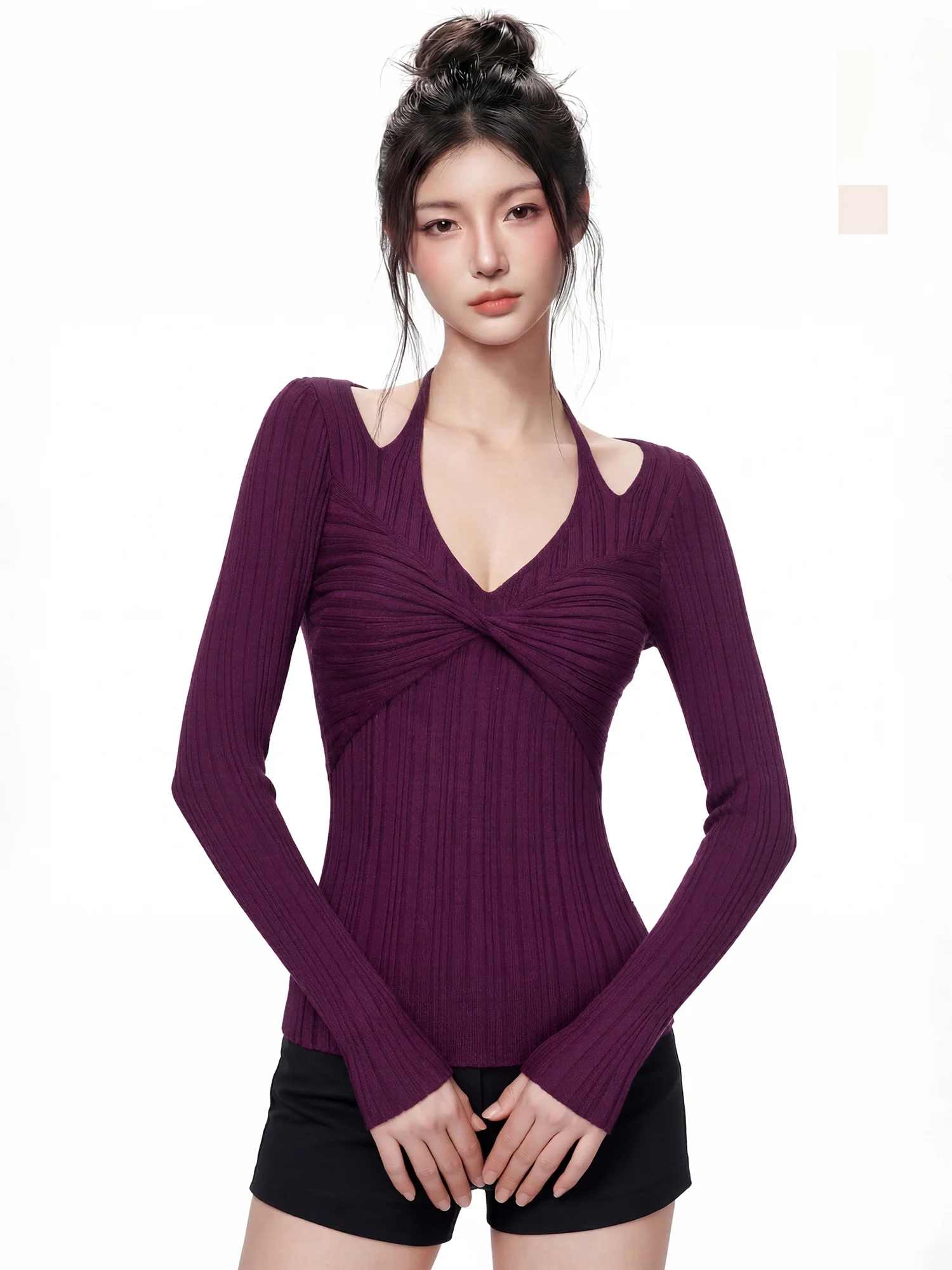 

Женский облегающий трикотажный топ с длинными рукавами и открытыми плечами, с вырезом на шее, с перекрестным узлом, модная повседневная одежда