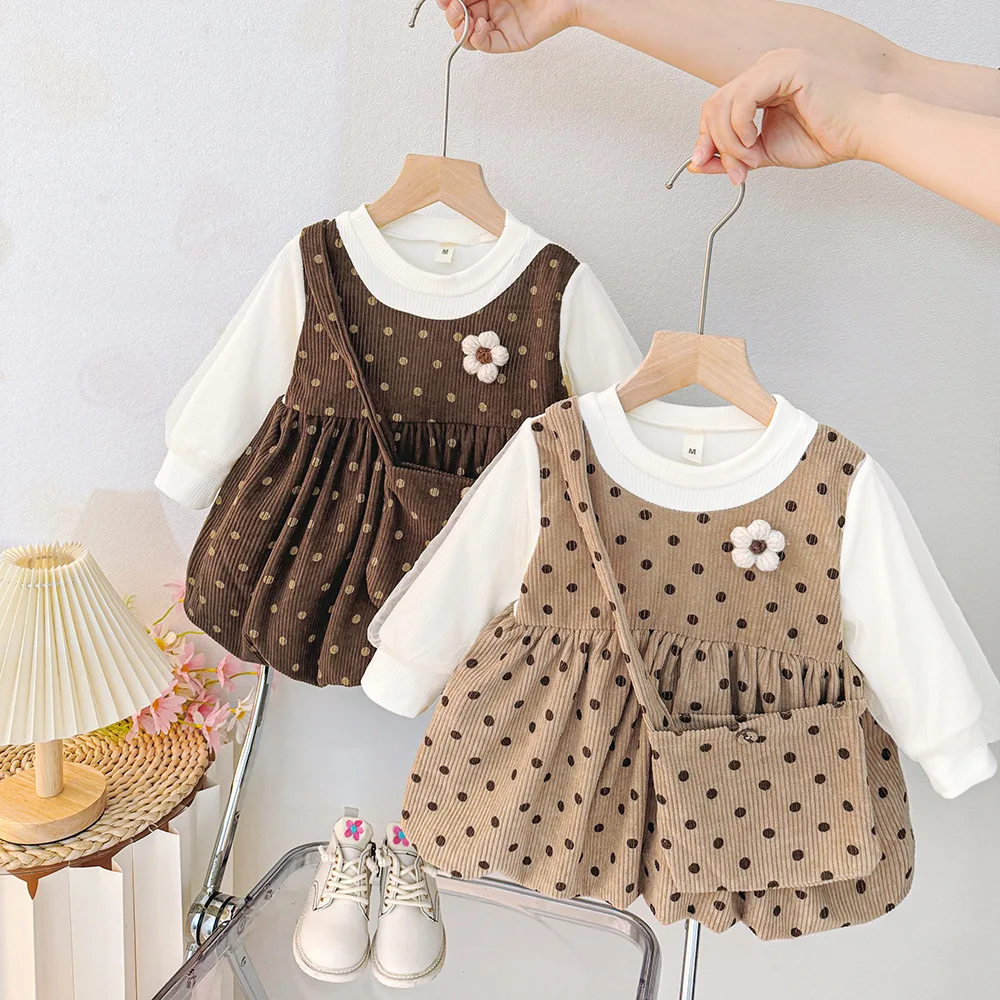 

9 Months -3 Years Old Spring And Autumn New Korean Style Baby Girl Dress, Black Polka Dot Children'S Long Sleeved Clothes + Bag
