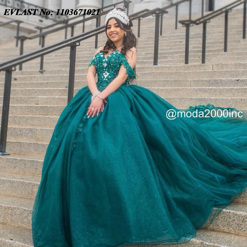 EVLAST Princess Emerald Green Quinnceanera Dress Ball Gown Shiny Lace Applique Beading corsetto Sweet 16 Vestidos De 15 Anos SQ603