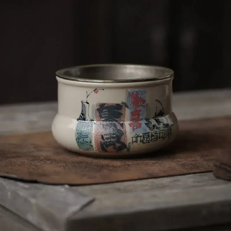 260ml Retro Brocade Gray Ceramic Jianshui Japanese Tea Wash Bowl Retro Writing-brush Washer Chaxi for Tea Supplies Ornaments