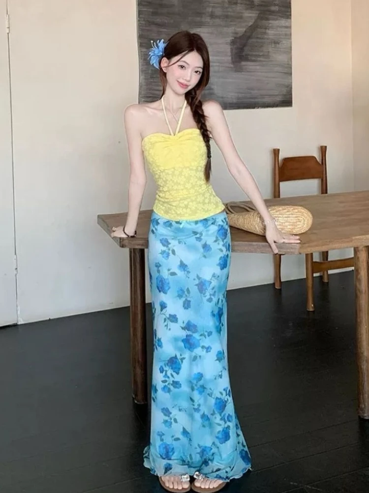 Summer Beach Party Style 2 Piece Skirt Sets Pure Color Sexy Slim Strapless Tops + Elegant Print 2000s Sweet Skirts Vintage Suits