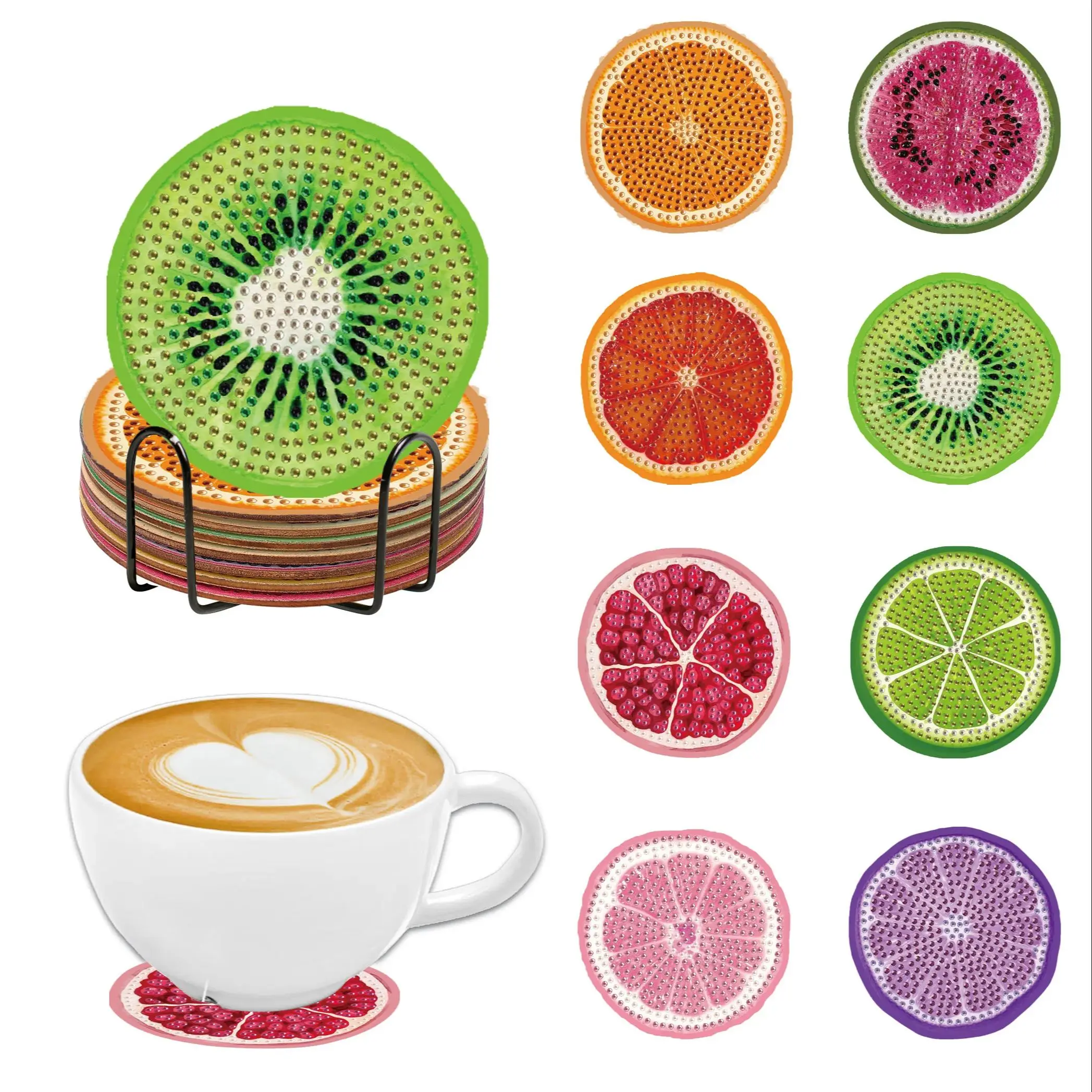 8 Piece Diamond Craft Kit, Fruit Pattern Rhinestone Painted Coaster DIY Diamond Painted Wooden Table Art Coaster with Bracket,