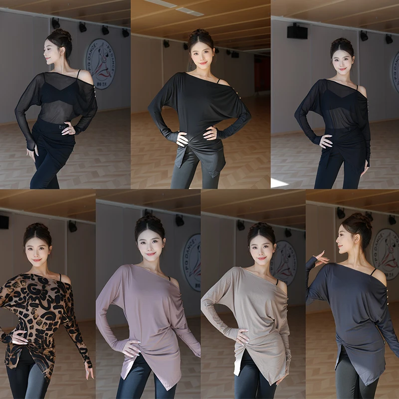 Latin Dance Practice Top Women Long Sleeve Black Tunic Adult Salsa Cha Cha Rumba Training Costume Dancer Line Dance Clothes 2321