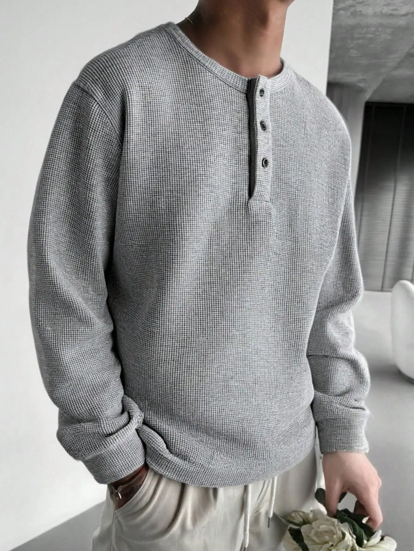 

Men's Waffle Knit Henley Long Sleeve Top, Breathable Lightweight Pullover for Spring Daily Wear