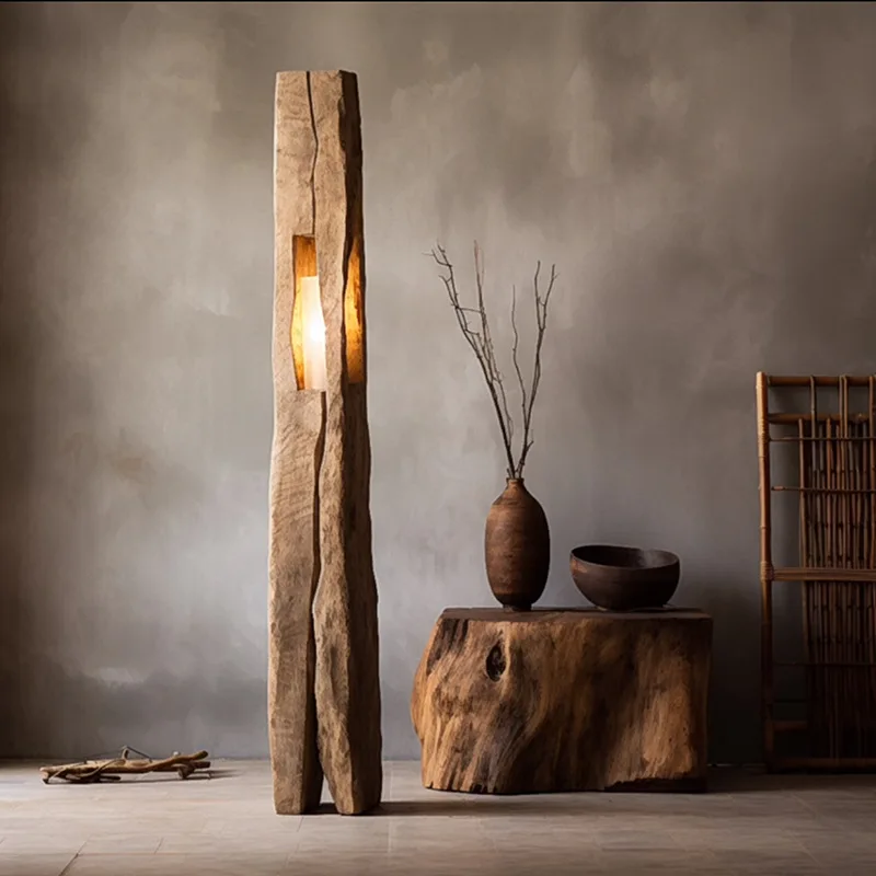 Solid wood wabi sand wind floor lamp B & B weathering decorative wall lamp tea room room wooden vertical lamp home