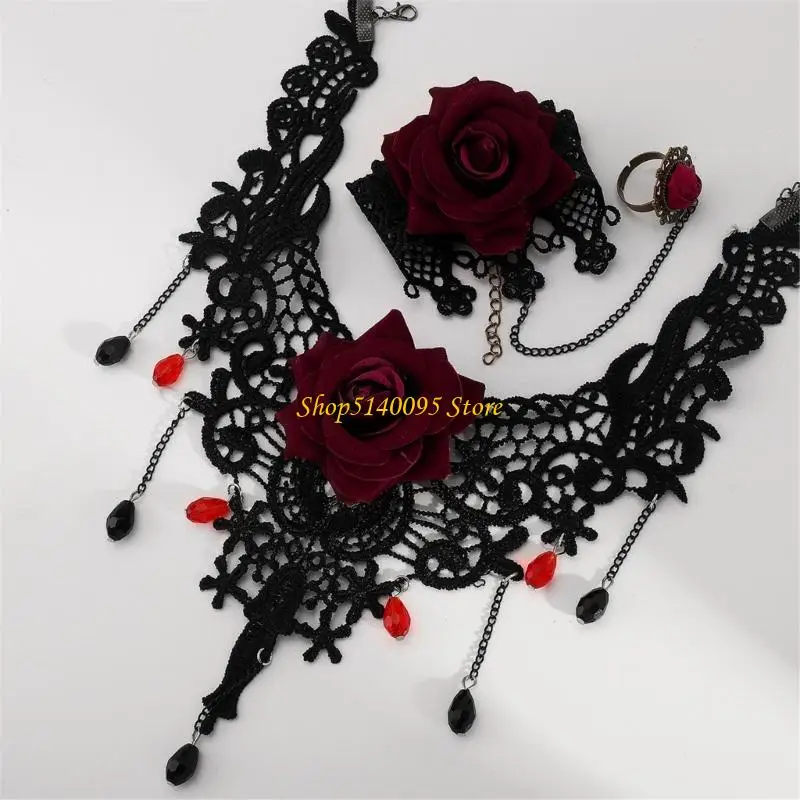 Dxae dames gotische statement sieraden set kanten choker ketting vingerringen armband