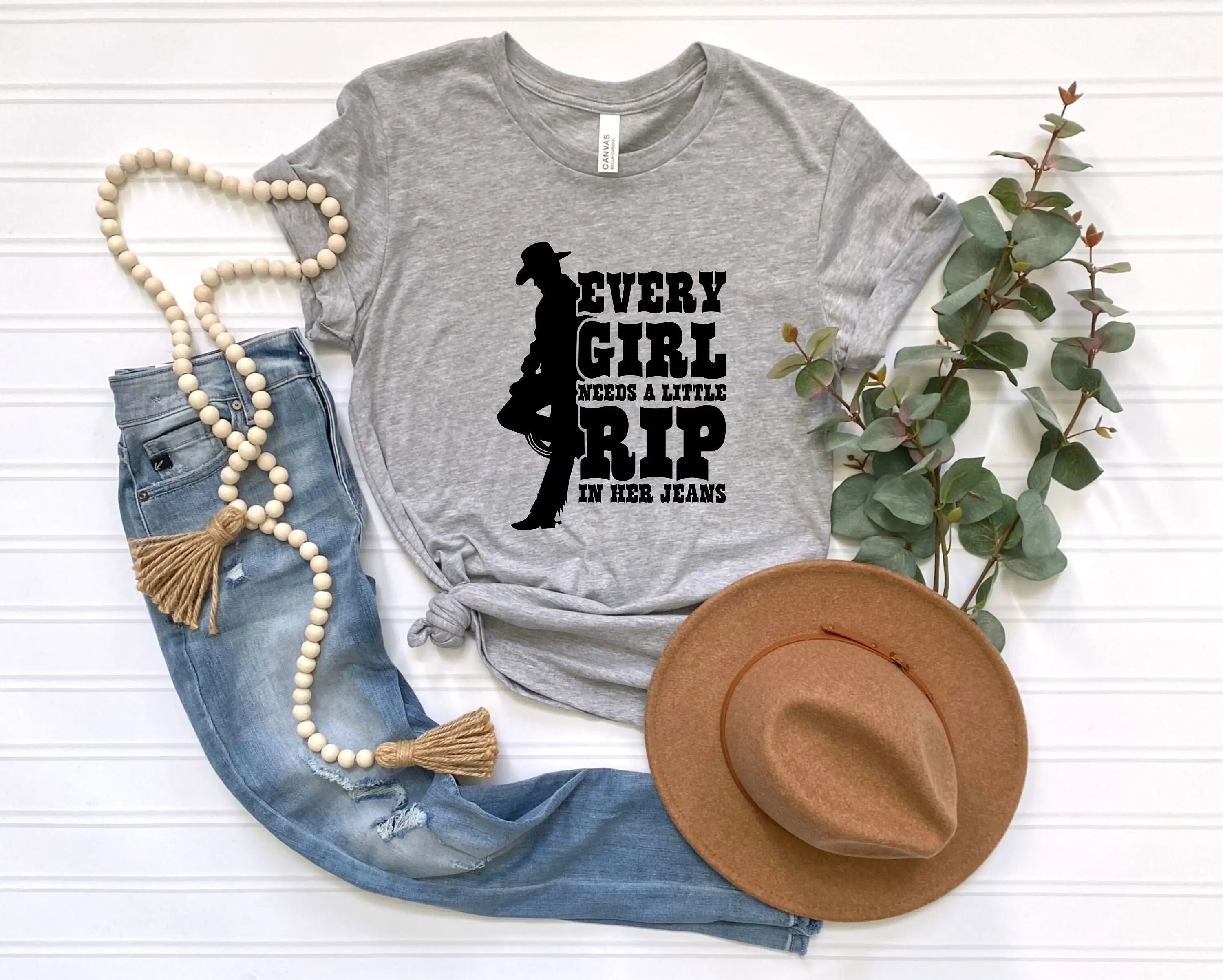 Country Girl T Shirt Every Need A Little Rip In Her Jeans Western Cowboy Rodeo Music Yeehaw