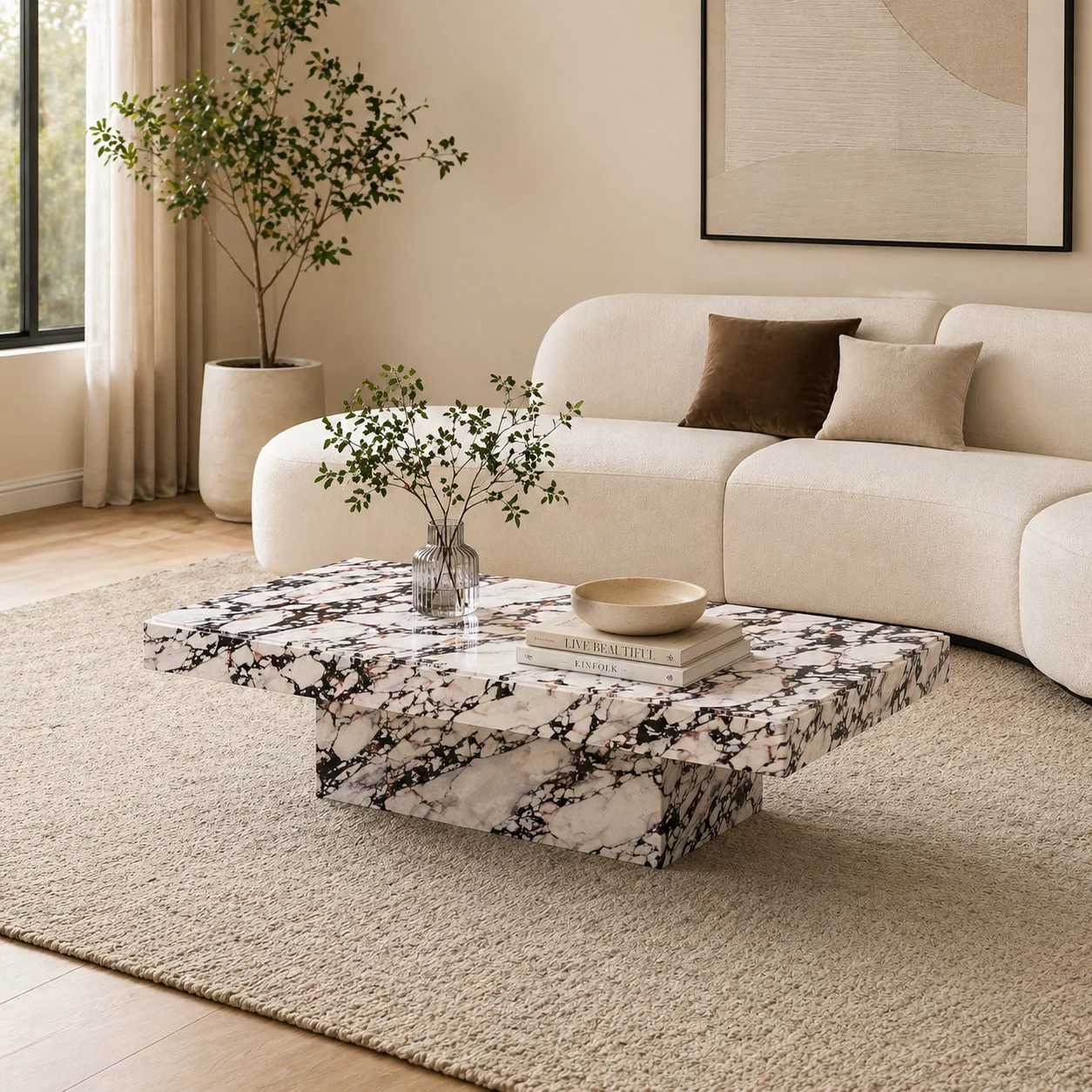 3-Piece Calacatta Viola Marble Pattern Coffee, Console & Side Table Set with Monolithic Design