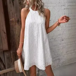 Elegant White Women Summer Dresses V-Neck Eyelet Robe Embroidery Tied Detail Sleeveless Mini Dress Vacation Vestidos Casuales