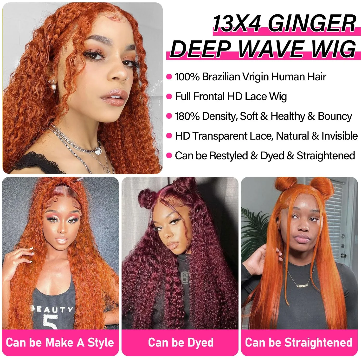 250% High Density 13x6 Ginger Orange Curly HD Transparent Lace Front Wigs Human Hair 13x4 Deep Wave Human Hair Wigs for Women