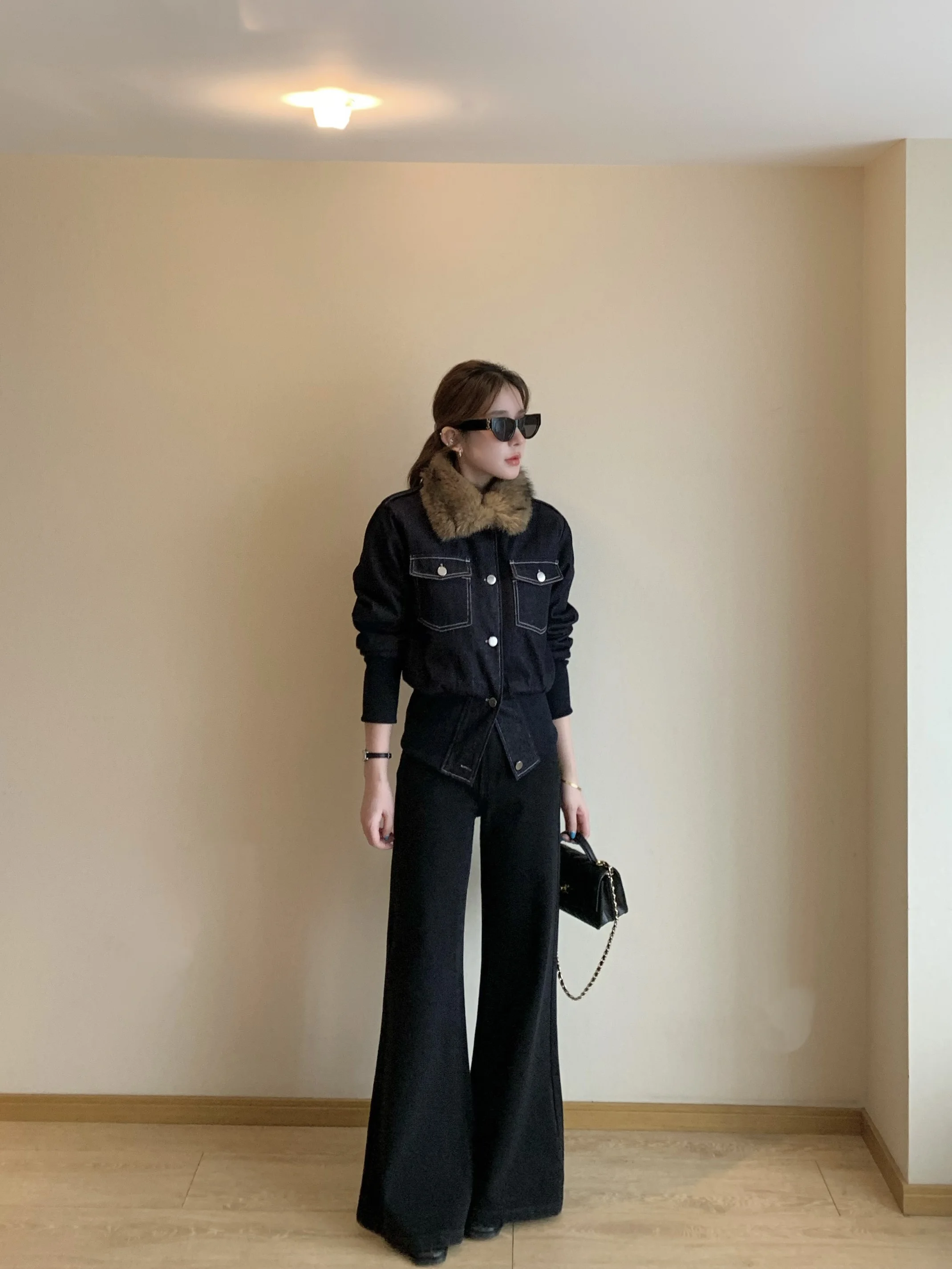 

Wuli Multifunctional Ele Collar Thiened Denim Jaet Waist Cinching Stand up Collar Outerwear for Women Winter Season