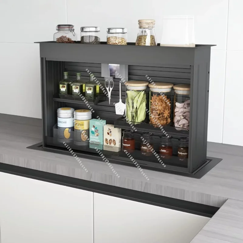 Modern Kitchen Countertops Hidden Pull Down Spice Rack Electric Lifting System Acrylic Condiments Spice Storage Kitchen