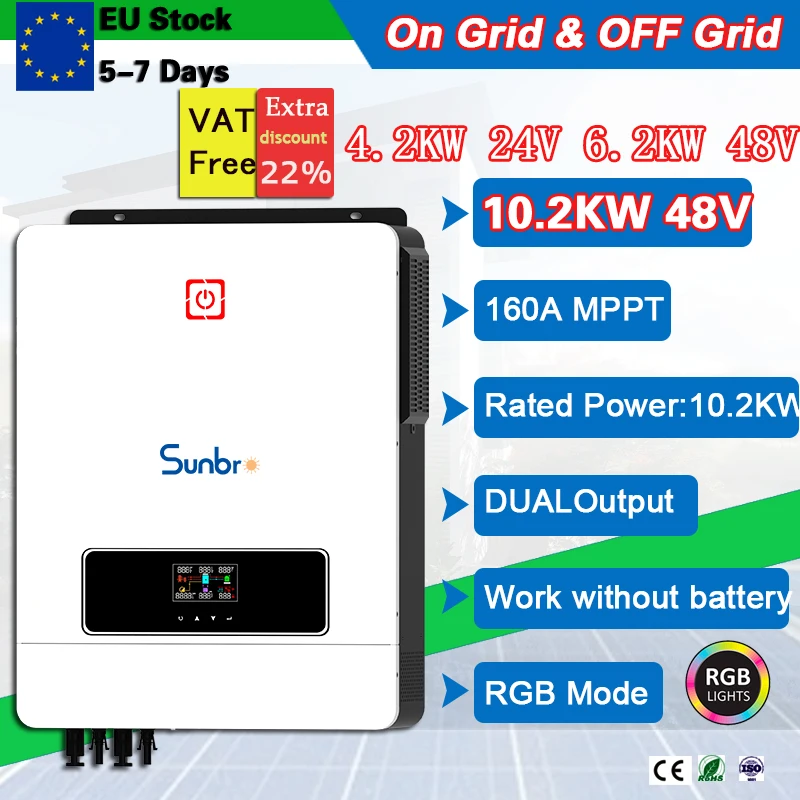 Hybrid Solar Inverter: 4.2KW 24V/6.2KW 48V with 120A MPPT, 10200W 48V with 160A MPPT, Pure sine wave,Work no battery,ON Grid