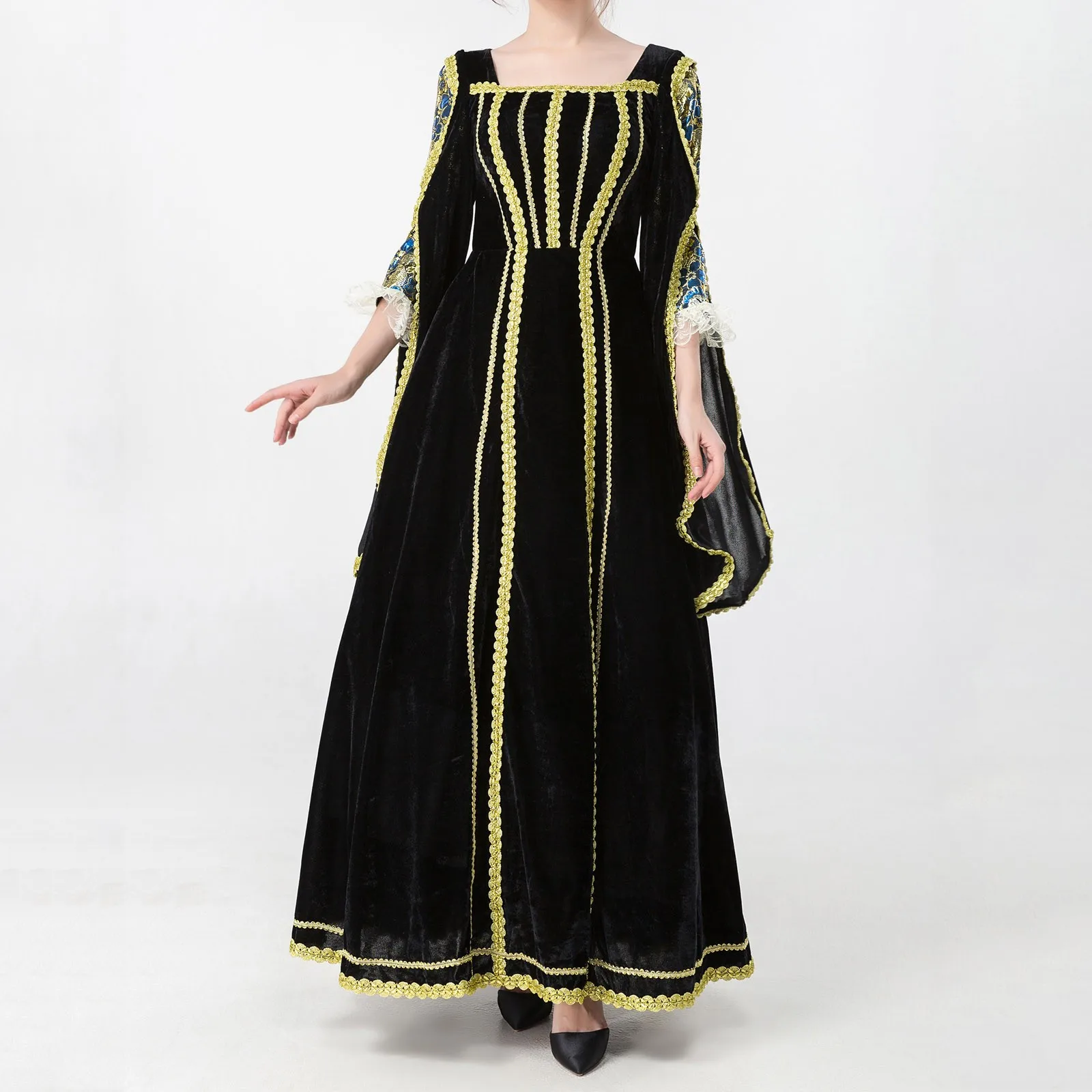 Women's Black Velvet French Court Dresses Medieval Renaissance Vintage Festival Performance Cosplay Costume Dress