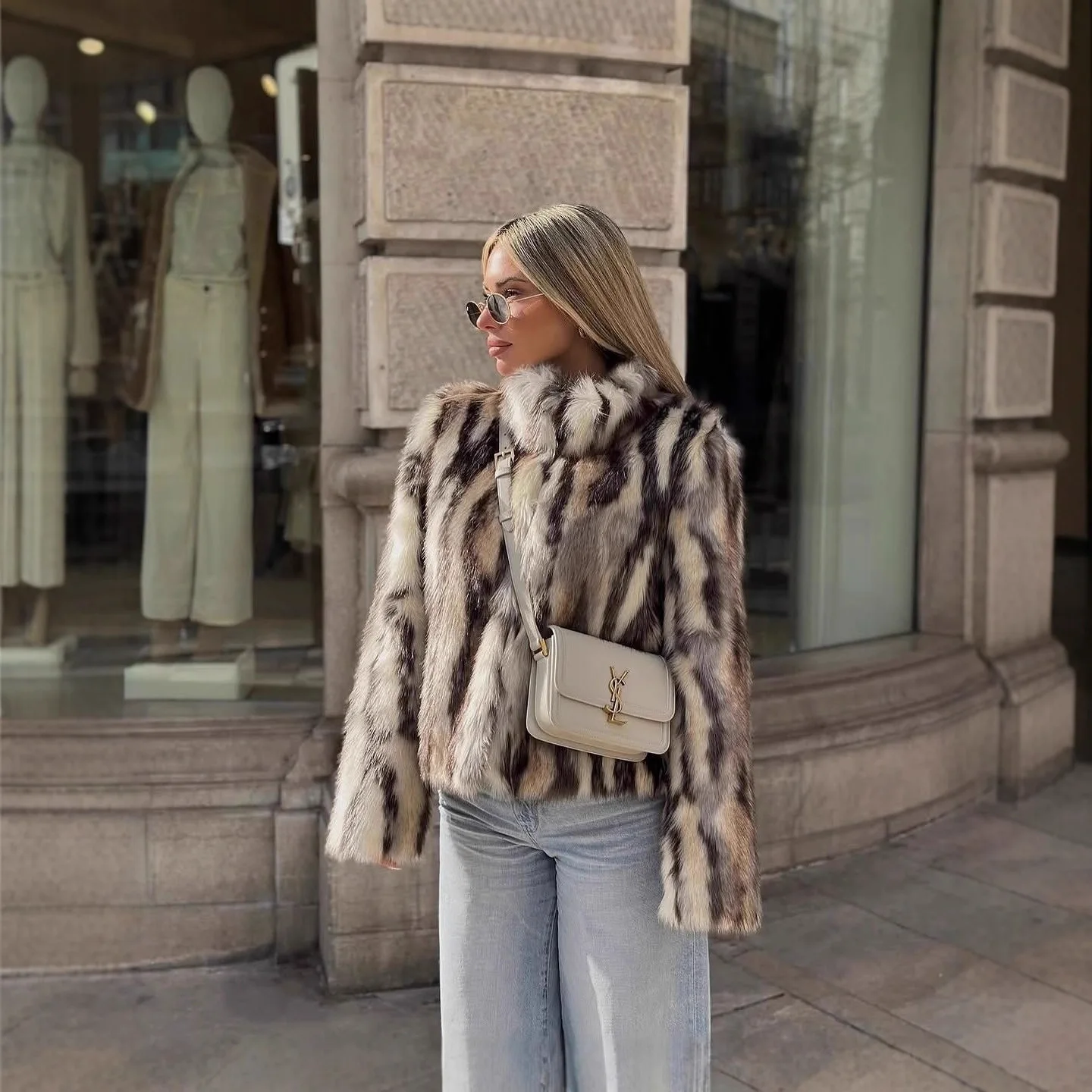 Faionable Kunstfell Jaet Damen Herbst Winter Bla White Spot Pattern Top Oberbekleidung Jugend Loose Fit Thiened