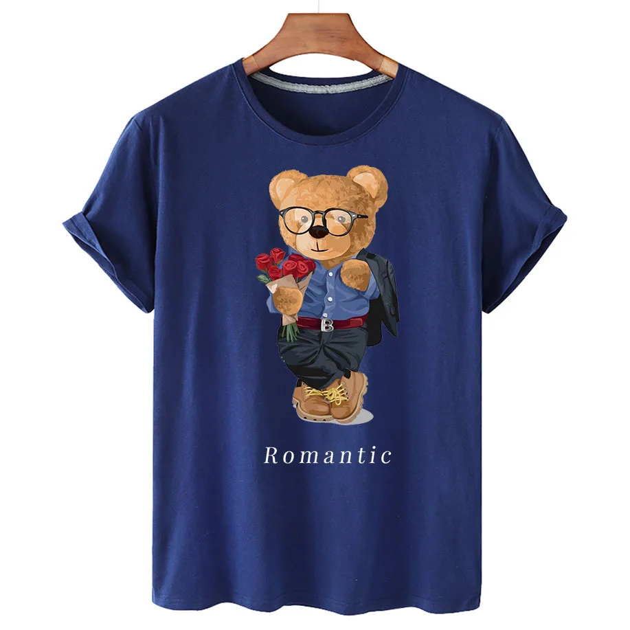 100% Cotton Romantic Bear Print T-shirt Women's Summer Short Sleeve T-shirt 2022 Women's Fashion Shirt Unisex O-neck T-shirt