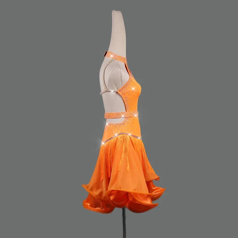 Strass feminino vestido de dança latina, vestido sexy laranja, fantasias de competição, salsa e Cha Cha, novo, verão