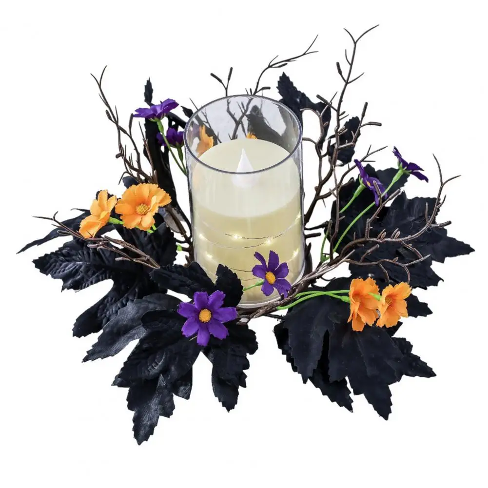 Black Maple Leaf Garland Boho Halloween Candle Ring Wreath with Artificial Maple Leaves Flowers for Home Table Decoration