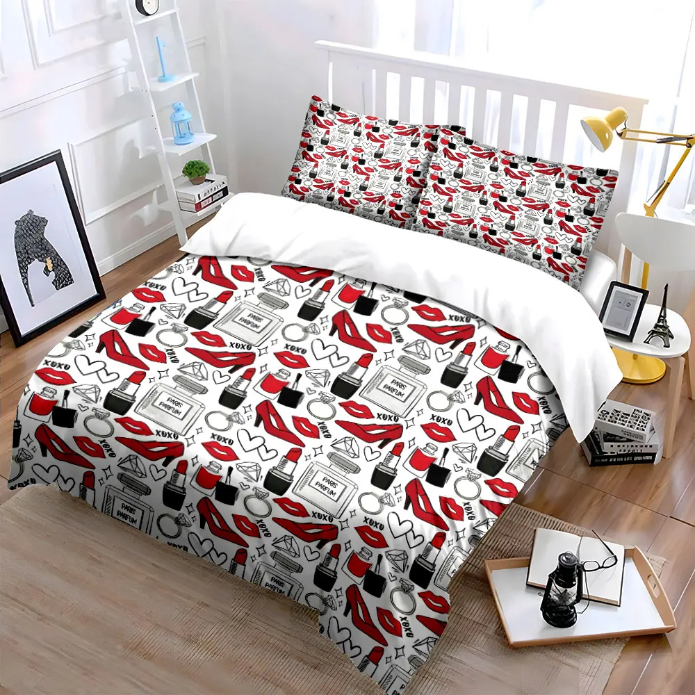 Red Lips High Heels Fashion Pattern Duvet Cover Set with 3D Printing Design Soft Polyester Bedding Set All-Season Comfort
