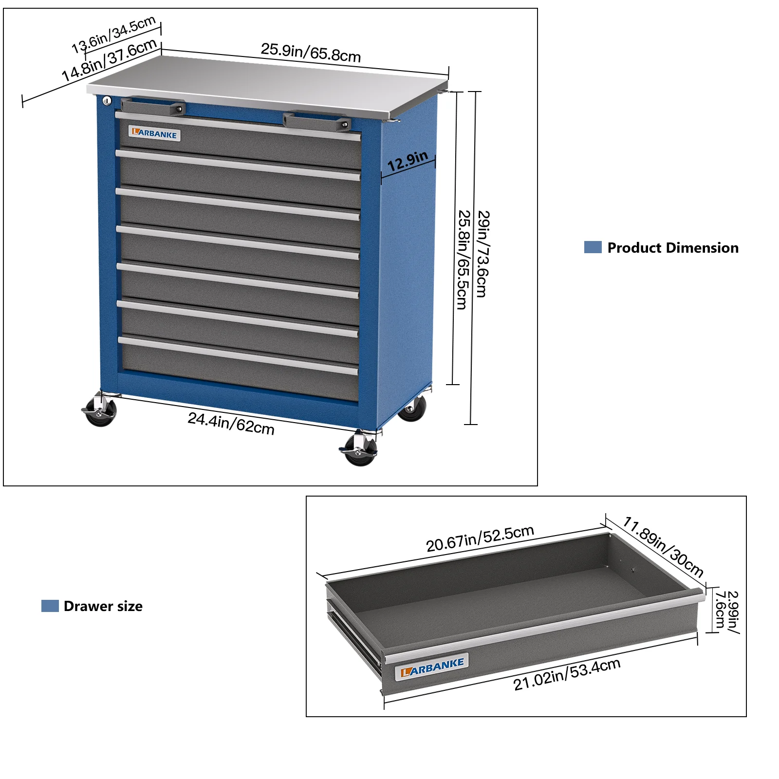 LARBANKE 7-Drawer Tool Cabinet,Tool Cabinet with 360° Rubber Wheels,Safety Lock,Non-Slip Pearl Cotton Mat