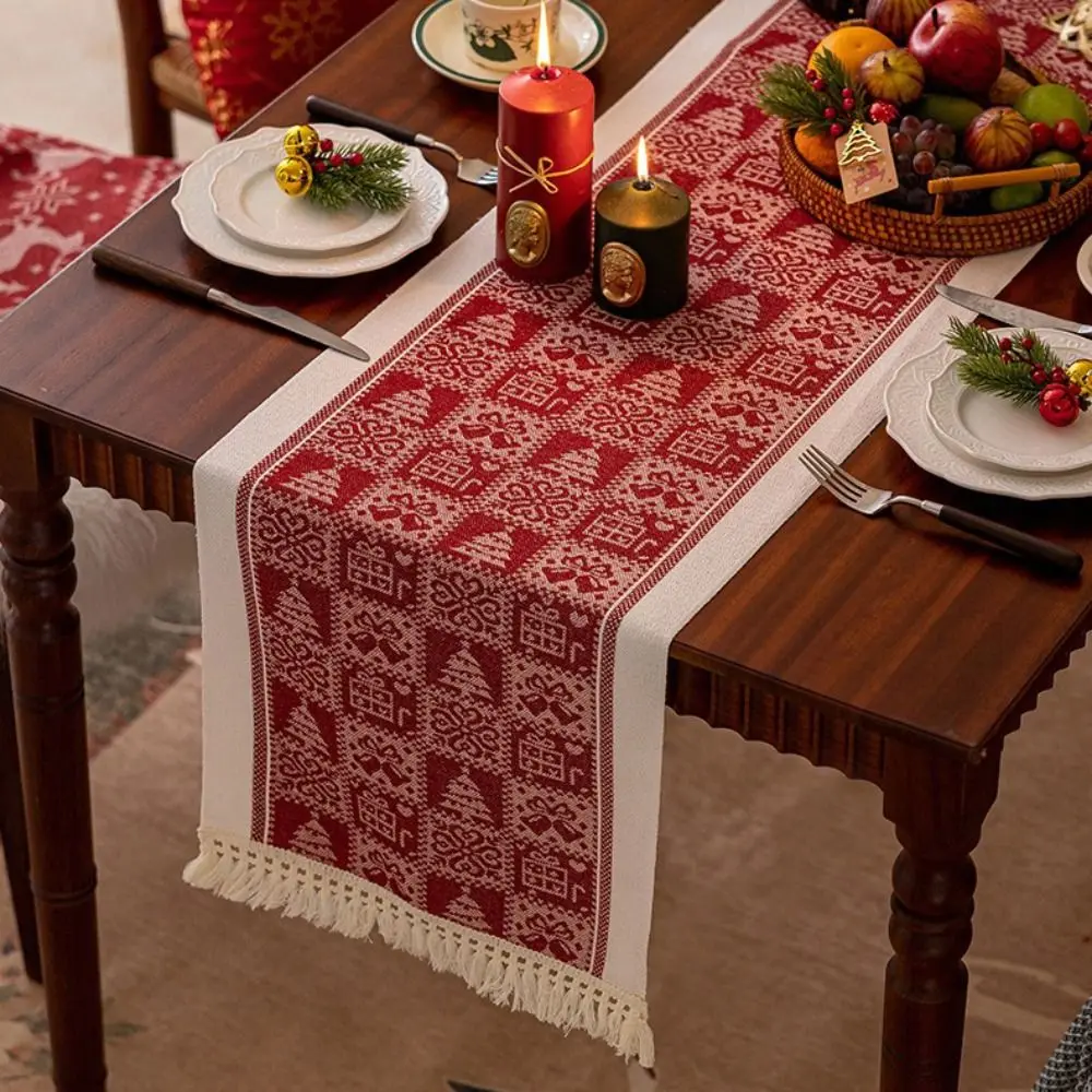 Polyester Christmas Table Runner Santa Claus Pattern Snowflake Pattern Long Tablecloth Cartoon Pattern Multi-Color Tassel