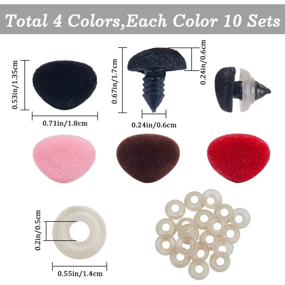 40PCS 4 Colors Plastic Flocking Safety Nose 18mm Wide Doll Noses Animal Triangle Noses Red Pink Brown Black Crochet Noses