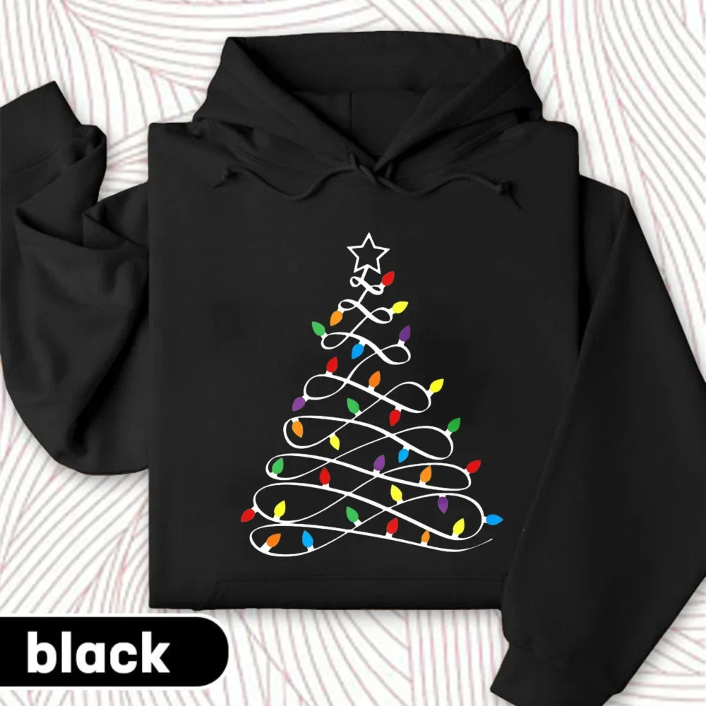 Christmas Lights Tree Hoodie Unisex Casual Streetwear Minimalist Xmas Light Motif Hooded Sweatshirt Cute Winter Holiday Pullover