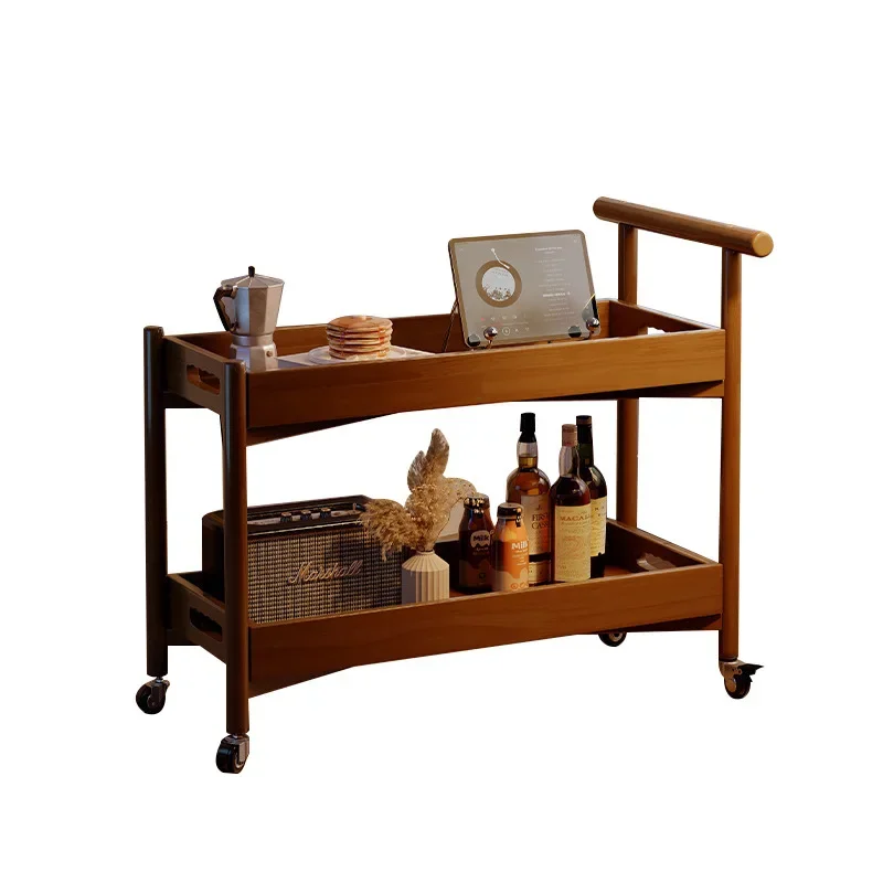 Solid Wood Mobile Coffee Table Trolley with Wheels Creative Sofa Side Cabinet Living Room Snack Dining Rack Living Room